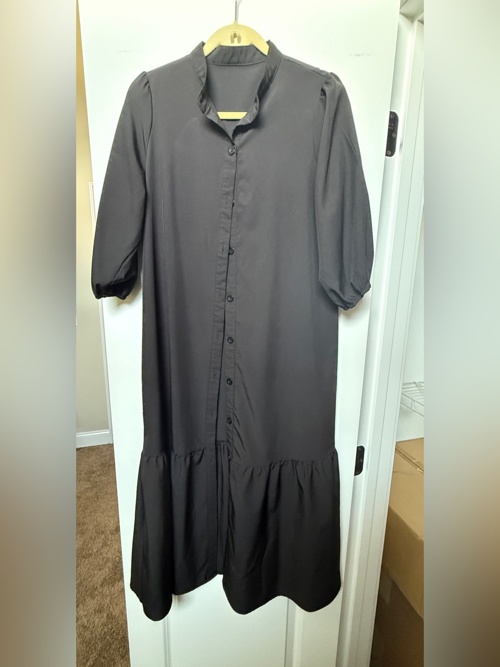 Black Button-Front Women's Maxi Dress with Ruffle Hem